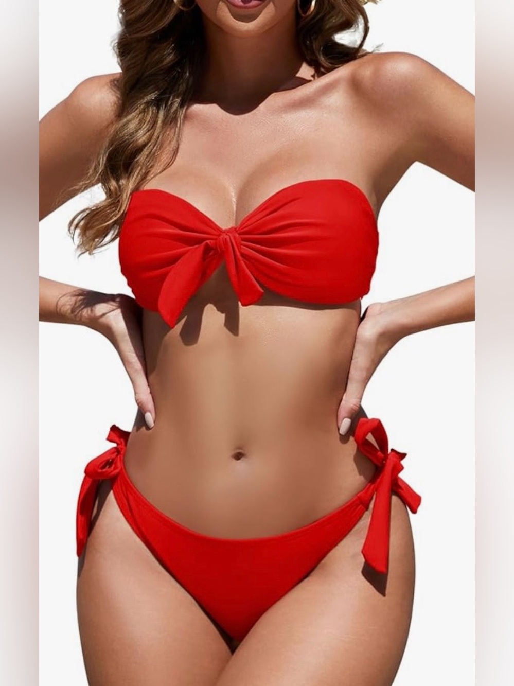 Red Tie-Side Bikini, Women Strapless Bandeau Bikini Set Knot Two Piece Swimsuit